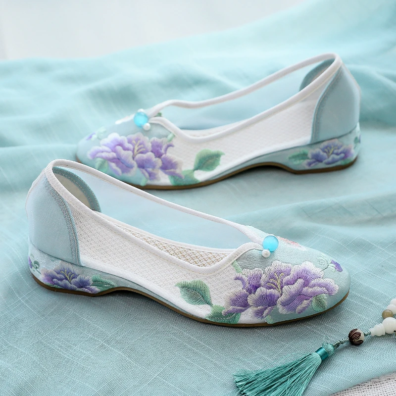 2023 Spring Autumn New Fashion Mesh Shoes Women's Ethnic Style Low Heel Embroidery Shoes Soft Bottom Cheongsam Single Shoes
