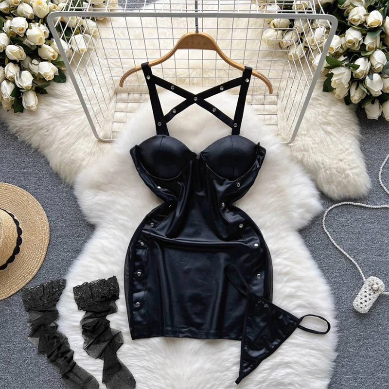 Women Halter Neck Backless Mini Dress V-Neck Contrast Color Lace Patchwork Hollow Dress Sexy Nurse Cosplay Uniform Sexy Lingerie