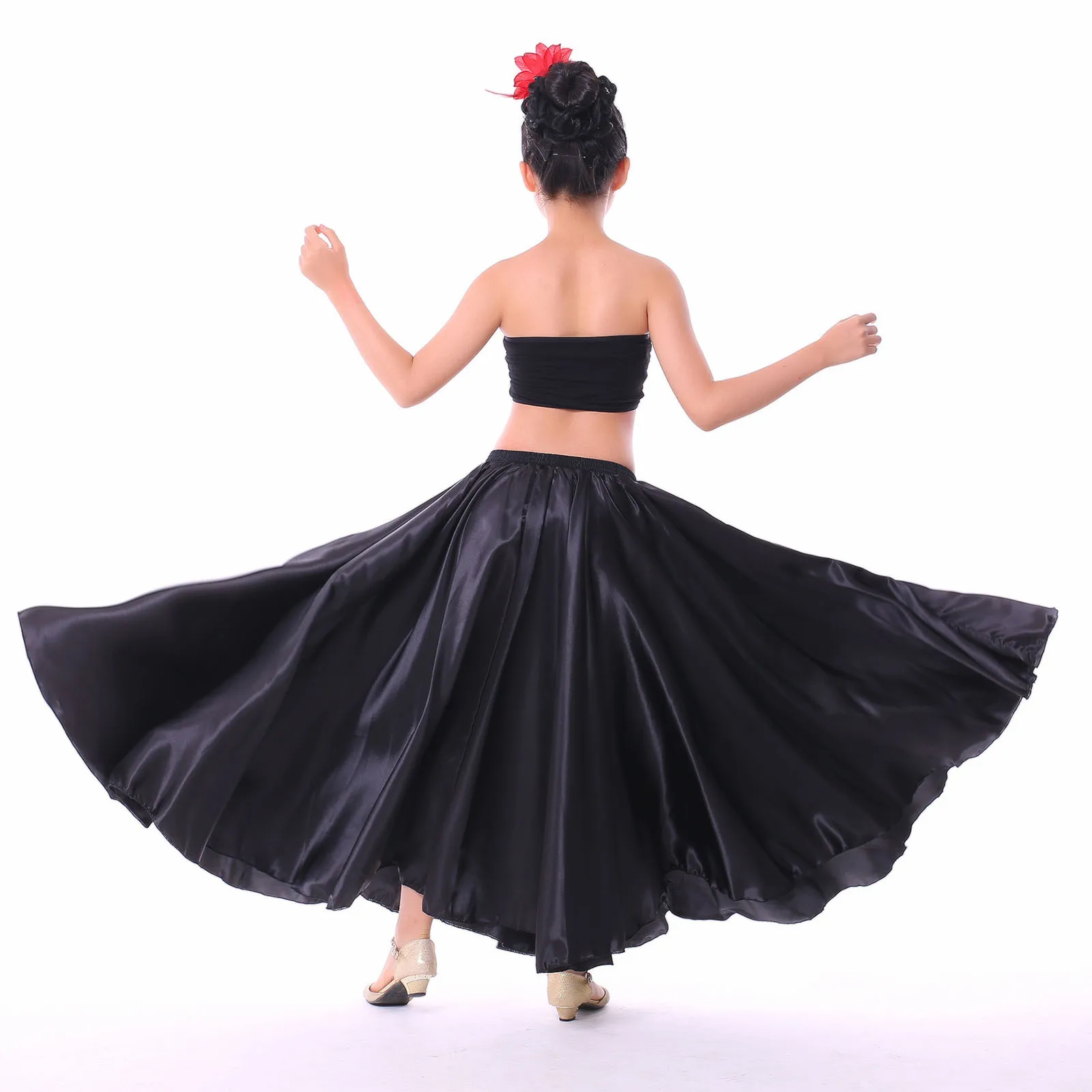 Kids Girl Spanish Paso Doble Bullfight Ballroom Latin Flamenco Tango Dance Performance Costume Chiffon 360&deg; Maxi Skirt Dancewear Women dance skirt
