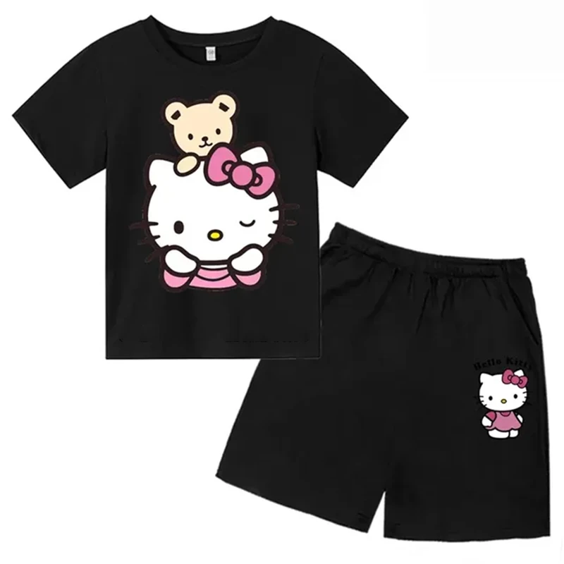 

Hello kitty Children's Leisure Short Sleeve Round Neck T-shirt +shorts Set Age 3-12 Boys Girl Cotton Print Summer Clothing