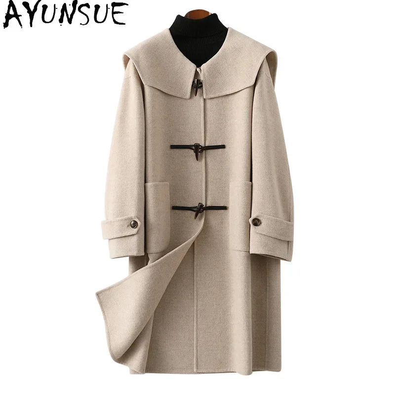 

Pure AYUNSUE Color 70% Wool Coat for Women 2024 Autumn Winter Mid-length Elegant Jackets Navy Collar Casaco Feminino