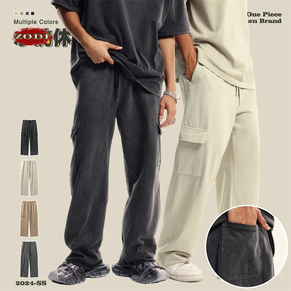 ZODF New 2024 Spring Summer 358gsm Cotton Cargo Pants For Men Unisex Casual Washed Straight Multi-Pockets Loose Trousers HY0829 3
