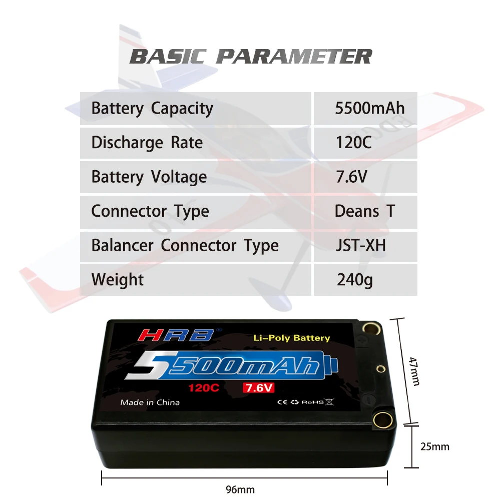 HRB 2S 7.6V 5500mah Hard Case Lipo Battery, BASIC PARAMETER Battery Capacity 5500mAh Discharge Rate 120C Battery Vol