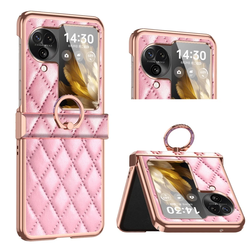 Luxury Rhombus Leather Ring Stand Case For OPPO Find N3 Flip Plating Metal Frame Lens protective Flash Drilling Bracket Cover