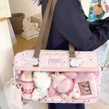 Y2k DIY Badge Display Shoulder Bag New Cute Large Capacity Lace Ita Bag Lolita Girls Transparent Pocket Casual Polka Dot Handbag 1