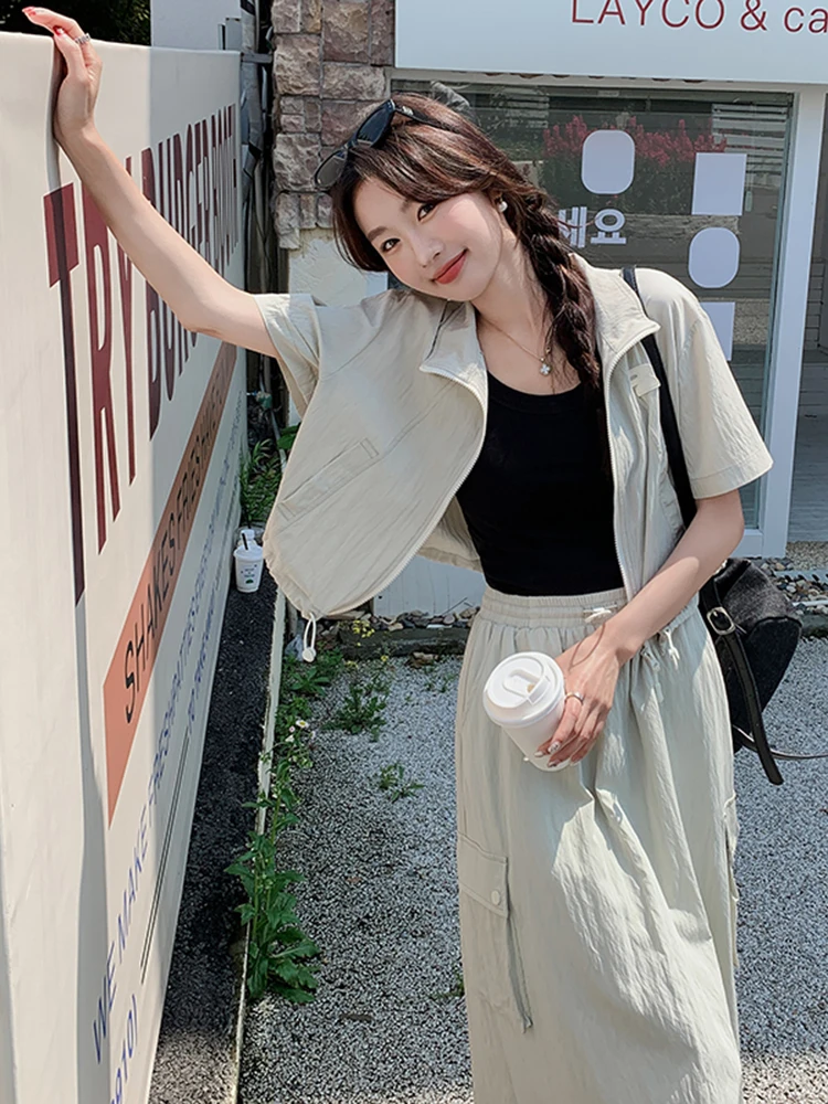 LANMREM 여성용 사파리 스타일 투피스 세트, 라펠 반팔, 지퍼 디자인 상의, 탄성 허리 스커트, 2024 여름 신상, 2Z1679