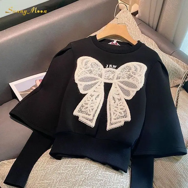 

Fashion girl spring and autumn cotton long-sleeved fake two-piece fashion casual butterfly embroidered knot hoodie 5-16Y