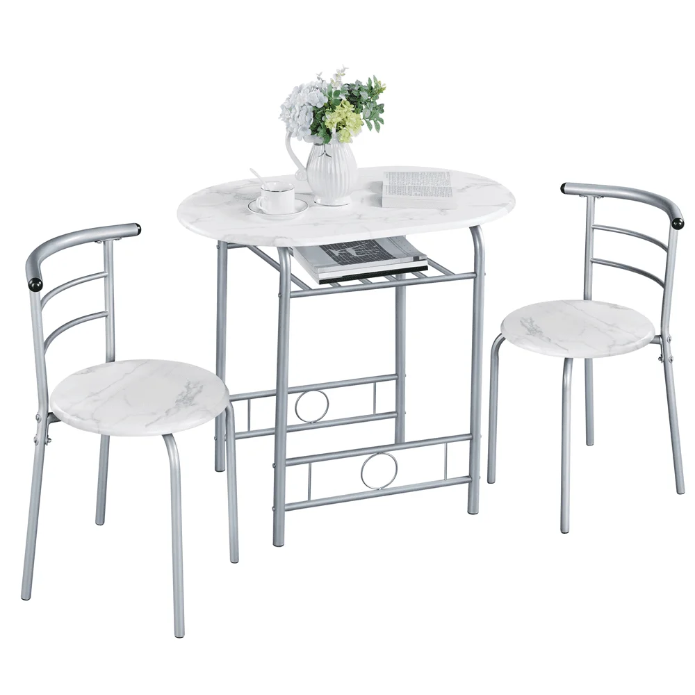 

Smile Mart 3 Piece Modern Round Dining Table Set with Steel Legs for Kitchens, White