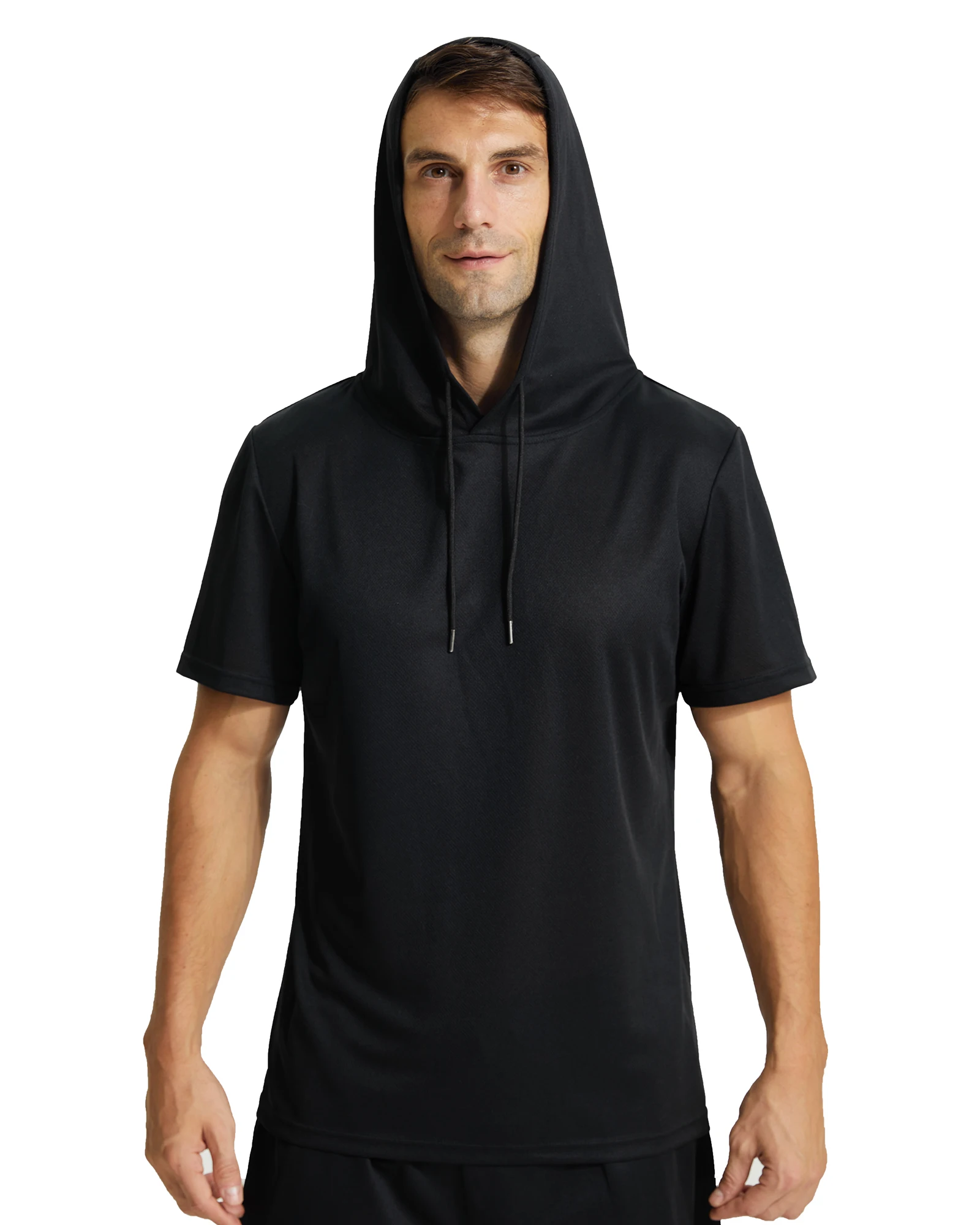 Mens Workout Hooded Shirts Short Sleeve Muscle Fit Gym Running T-Shirts Sweatshirt Hooded