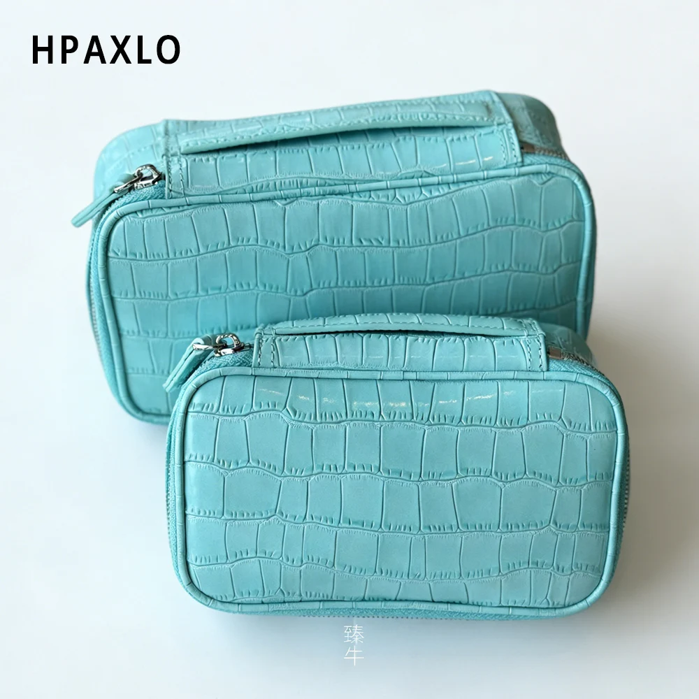 Top Grain Leather Crocodile Print Makeup Pouch Blue Wash Bag Woman Gifts Cosmetic Case Toiletry Holder Makeup Organizer Travel 6