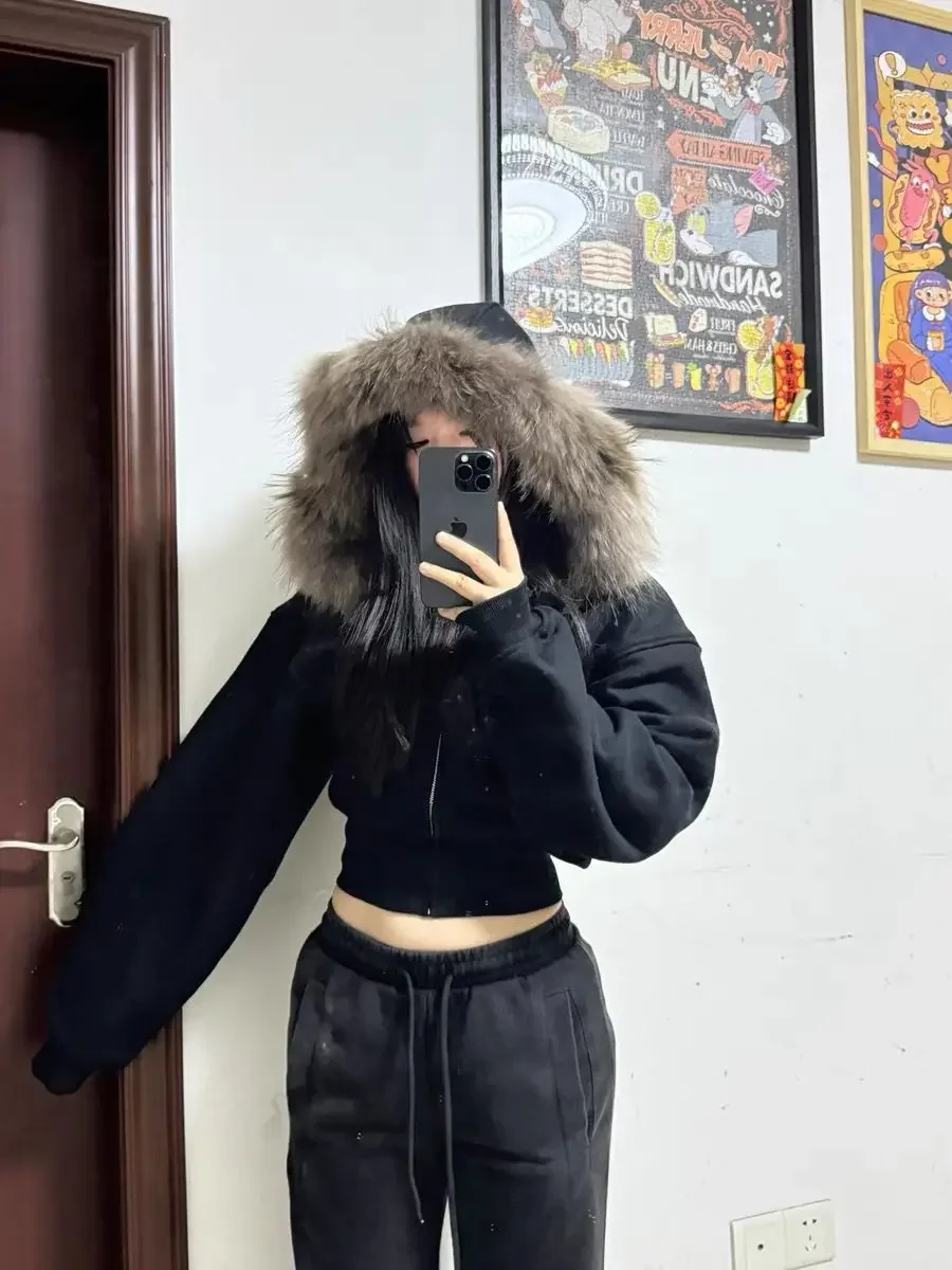 Classic Hidden Blue Collar Short Zip Up Hoodies Winter Clothes Women Y2K New Fashion Plush Cardigan Coat Harajuku Casual Hoodies