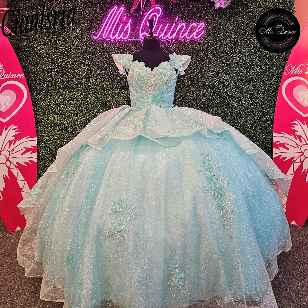 

Light Blue Off The Shoulder Beading Ruffles Quinceanera Dresses Ball Gown 3D Flowers Sequined Appliques Vestidos De XV Años