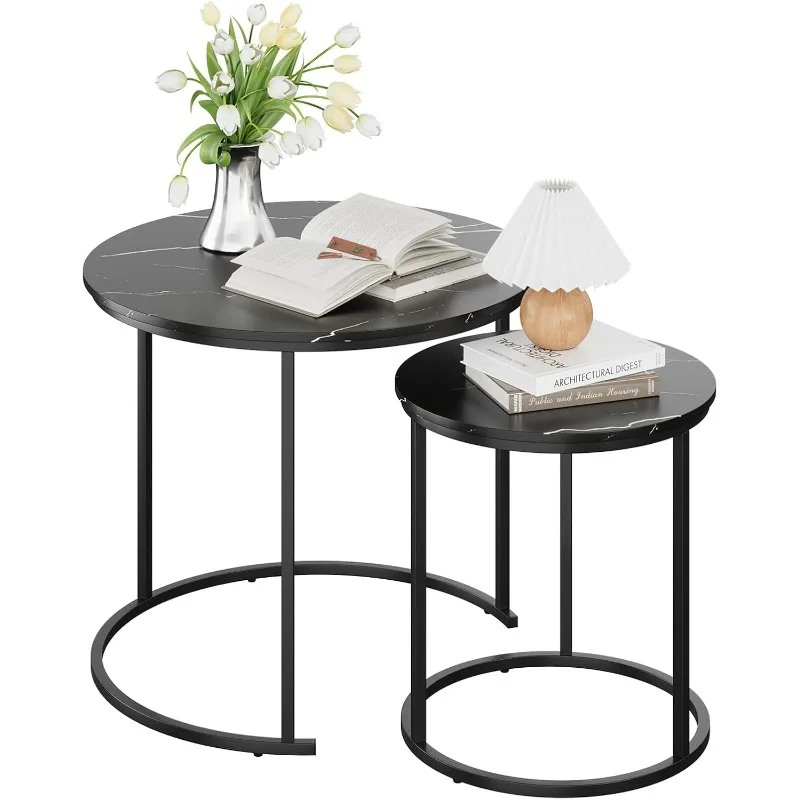 Coffee Table Nesting Black Set of 2 Side - Black Frame and Round Black Marble Wood Table, Industrial End Table Side . 3