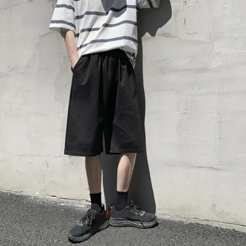 2024 New Men Baggy Sweatpants Shorts Straight Wide Casual Elastic Waist Black Gray Jogging Male Knee Length Short Pants 3