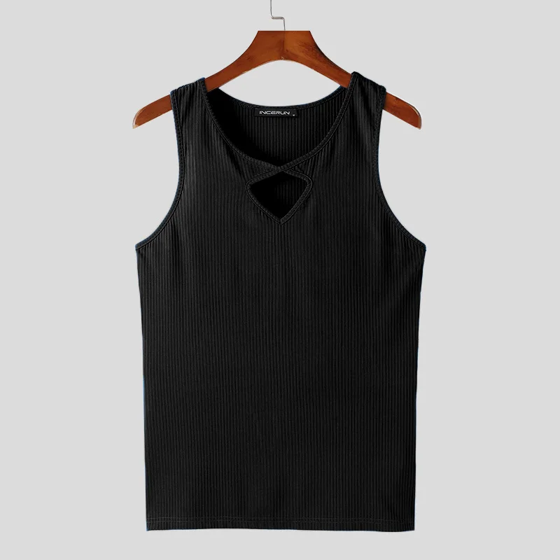 2024 Men's Tank Tops Solid Color V Neck Sleeveless Fitness Hollow Out Male Vests Streetwear Summer Casual Men Clothing INCERUN