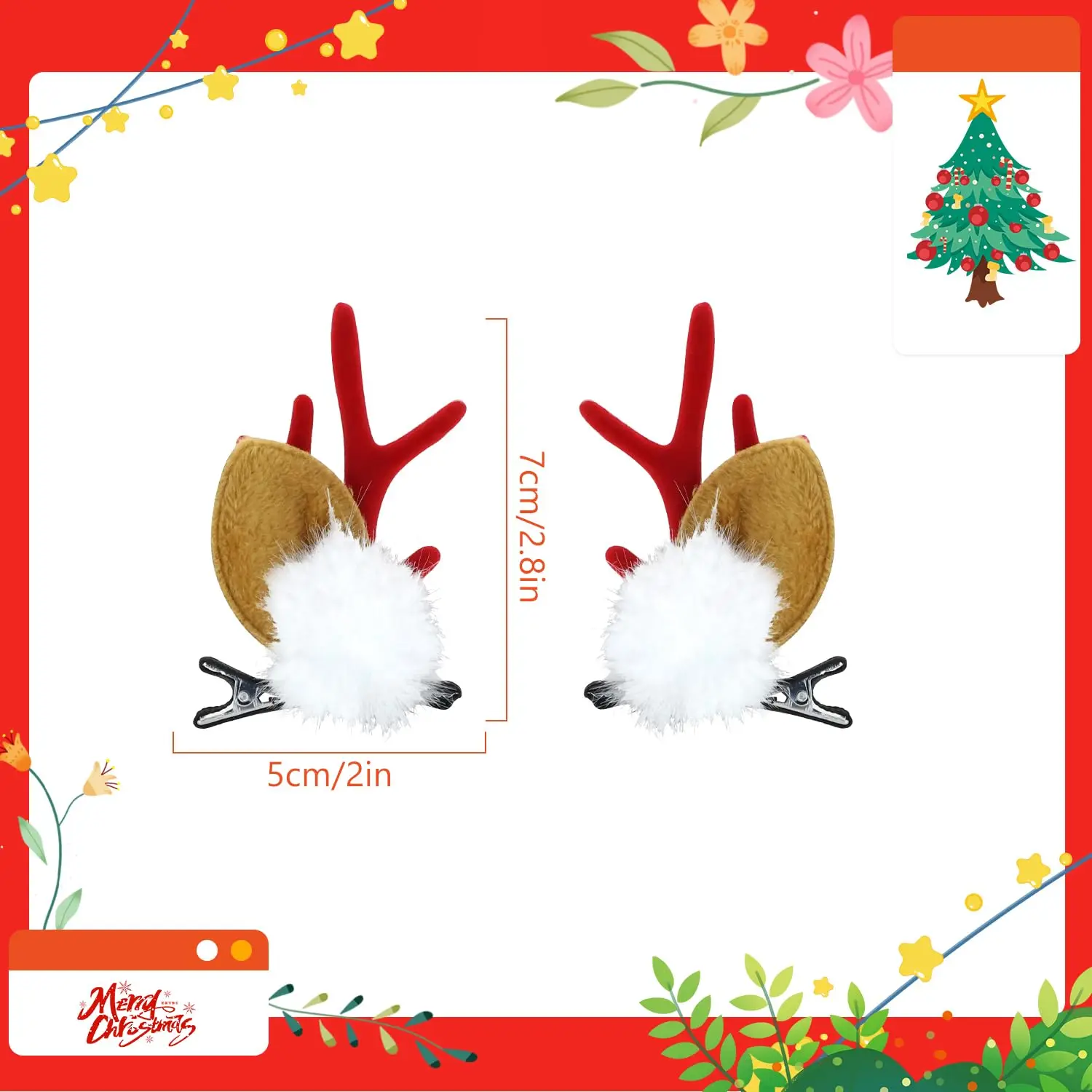 2PCS Christmas Reindeer Antlers Hair Clips, Cute Xmas Deer Horn Hairpins WithPom Poms, Festive Hair Accessories For Christmas