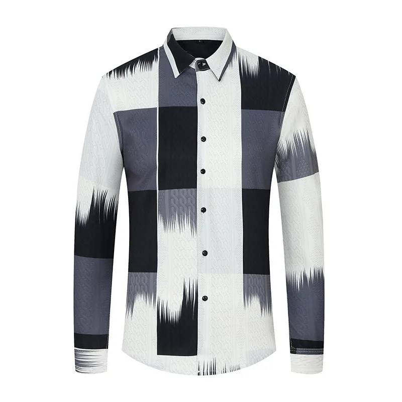 

Trend Striped Gradient Printed Shirt for Men Summer Long Sleeve Slim Casual Social Shirts Party Nightclubs Tuxedo Blouse M-6XL