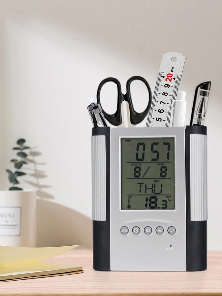 Perpetual Calendar Pen Holder Anti Slip Base Date Time Display Temperature Detection Desktop Storage Decorative Clock Pen Holder 5