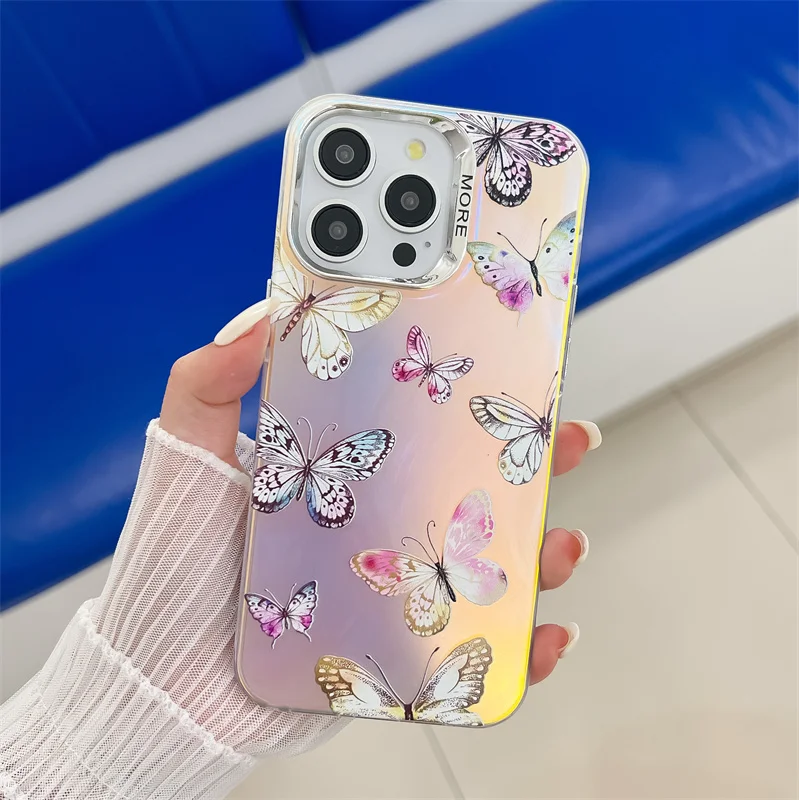 Coque de téléphone de luxe électroplaquée au laser papillon pour iPhone 16 15 14 13 Pro Max, coque arrière rigide antichoc en PC mat_voghion.com