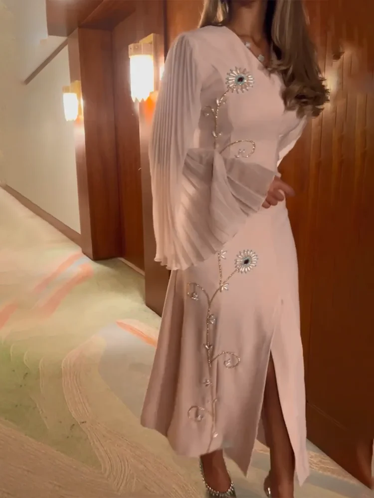 Jirocum V-neck Flower Bead Evening Dress Women\'s Pleated Elegant Prom Party Gown Flare Sleeve Front Split Formal Occasion Gowns