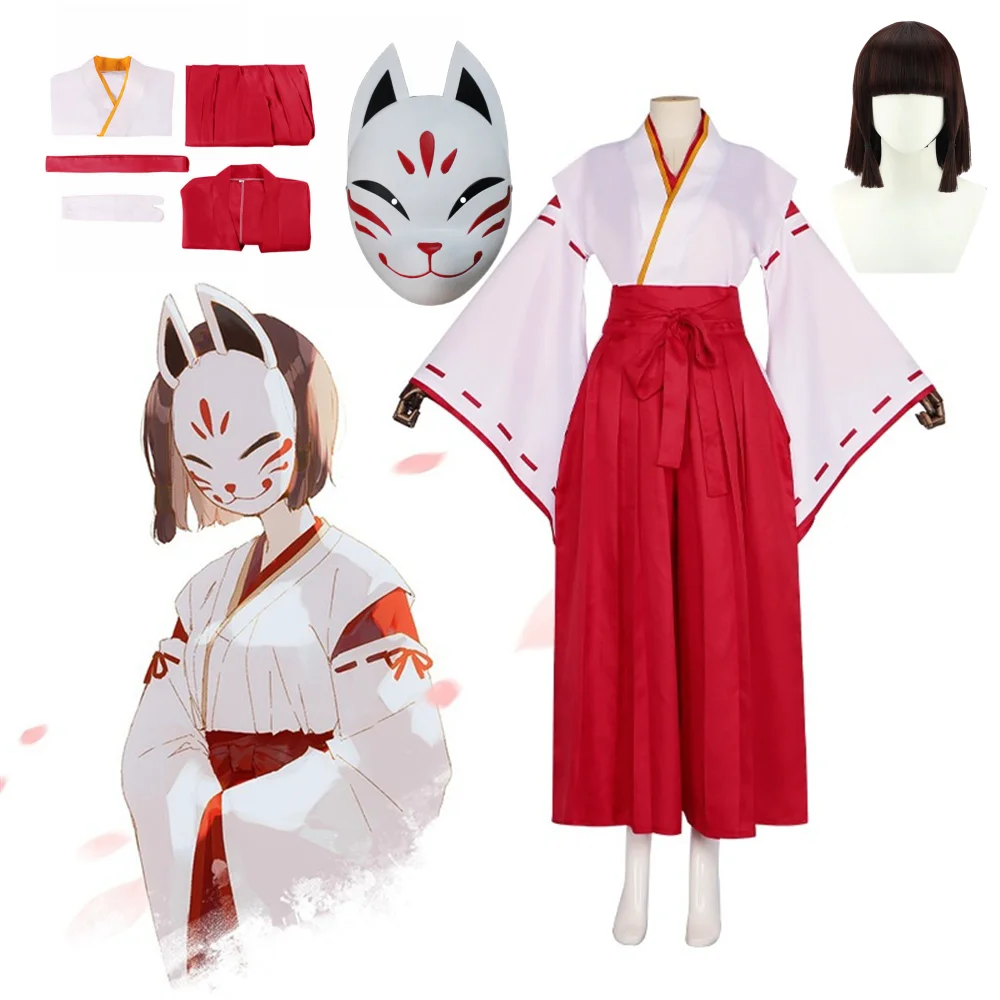 

Game Genshin Impact Hanachirusato Cosplay Costumes Wig Fox Mask Kazari Hanachiru Sato Mask Miko Halloween Carnival Clothes