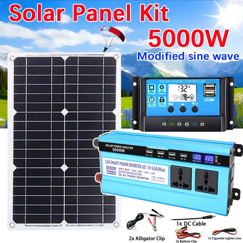 Kit Pannello Solare 5000W Onda Sinusoidale Modificata Sistema Di Energia Solare Da 12V A 220V Pannello Solare 18V + Controllo Della Carica 30A Generaz