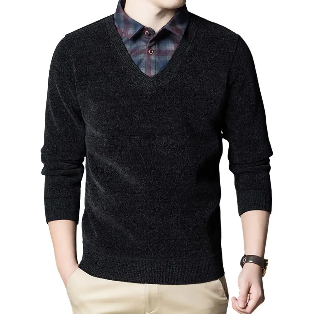 

Thick Fleece Lining Sweater Men's Winter Knitwear Fake Two Pieces Pullover Sweater with Thick Fleece Lining High Neck for Slim