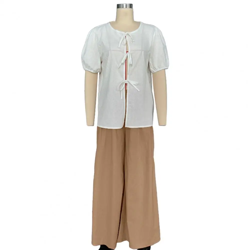 Loose Bow Lace Up Shirt Two Piece Set Wide Leg Trousers 2-piece Set Short Sleeve Top Lady Streetwear Suit Casual Womens Outfits