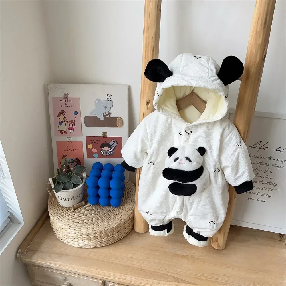 

2023 Winter New in Kids Baby Boys Panda Cartoon One-pieces - Infant Toddler Thick Quilted Warm Jumpsuits , Newborn Romper 0-24M