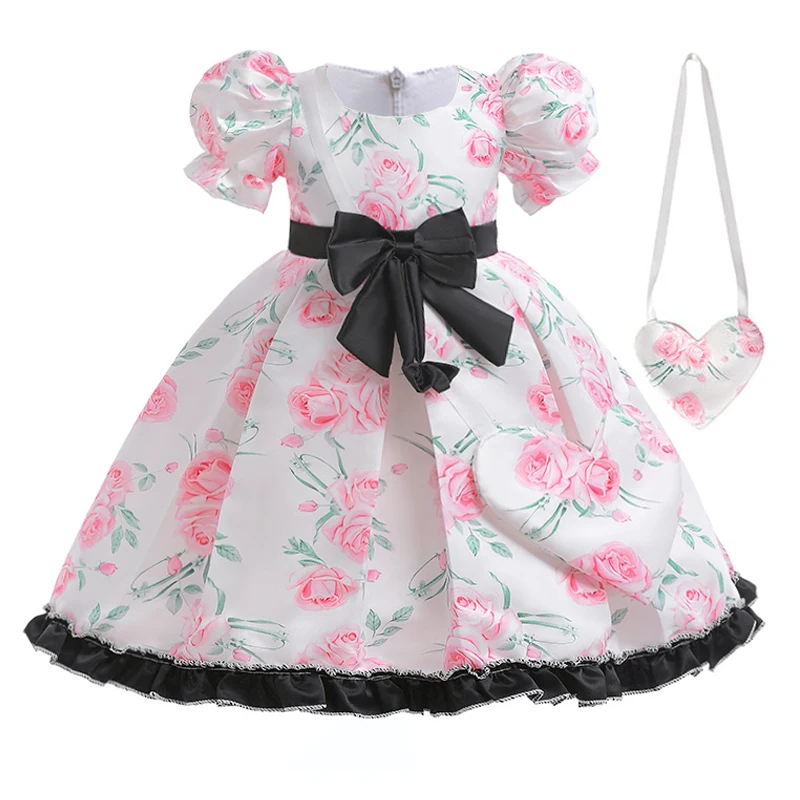 

Летнее платье для девочек с цветочным принтом, элегантные Детские платья принцессы для девочек, детская одежда с черным бантом, платье на день рождения, свадьбу, выпускной