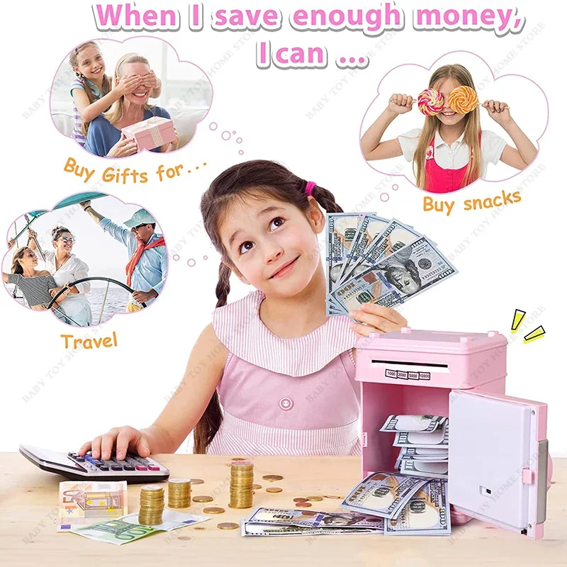 ATM Piggy Bank for Boys Girls Mini Coin Money Saving Box with Password Kids Safe Jar With Auto Grab Bill Slot