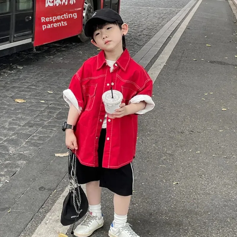 Loose Short Sleeve Children's Shirt for Boys Red Half Sleeve Spring New Year's Outfit Japanese Style Kids' Loose Shirt