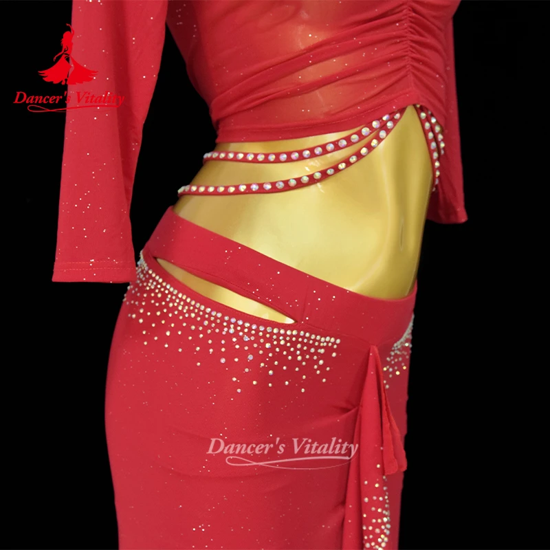 Bauchtanz-Performance-Kleidung, Anzug für Damen, Bauchtanz, halbe Ärmel, Oberteil + Netz, langer Rock, 2-teilig, orientalisches professionelles Set – Detail 6