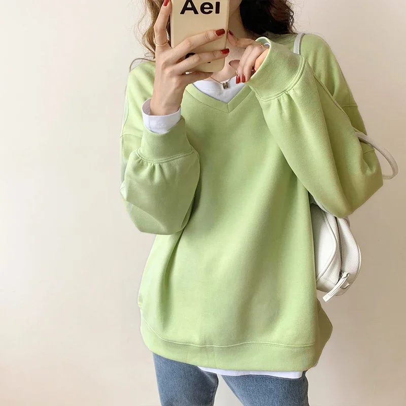 New Solid Color Ladies Winter Pullovers Tops Female Ins Women's Patchwork V-neck Casual Loose Autumn Fashionable Sweatshirt 2024