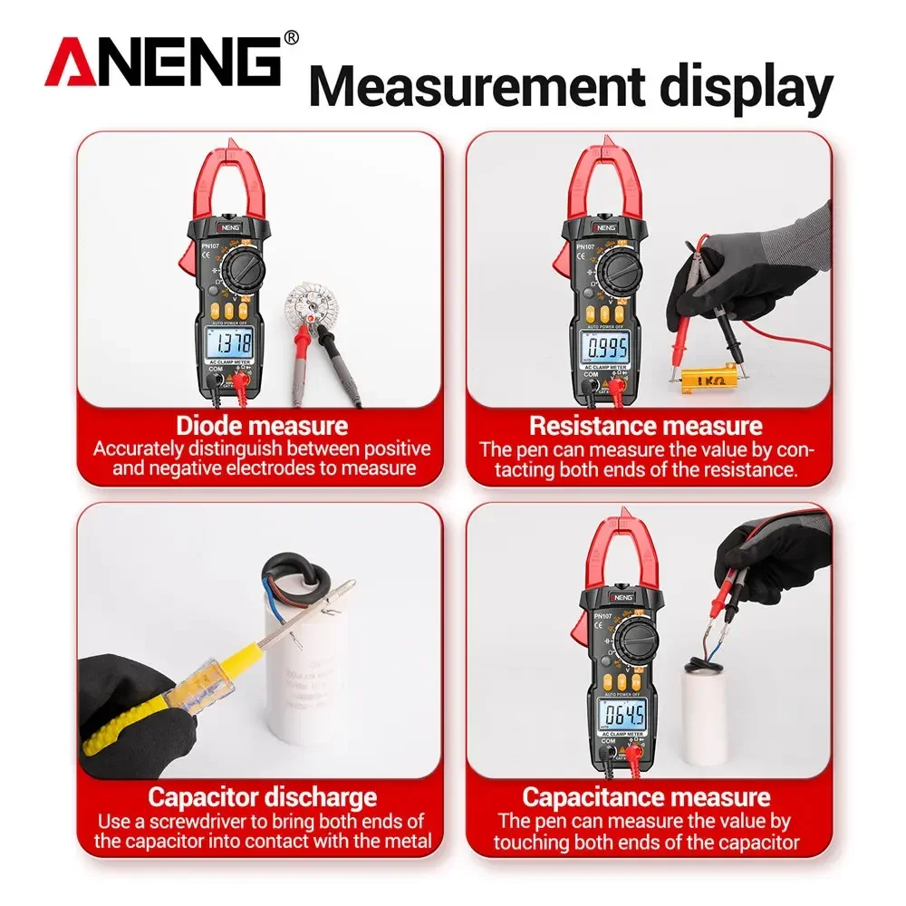 Digital Multimeter ANENG PN107 Clamp Meter Multimeter Digital AC Current Meter 600V AC Voltage True RMS 4000 Count Electrical Capacitance Ohm Test