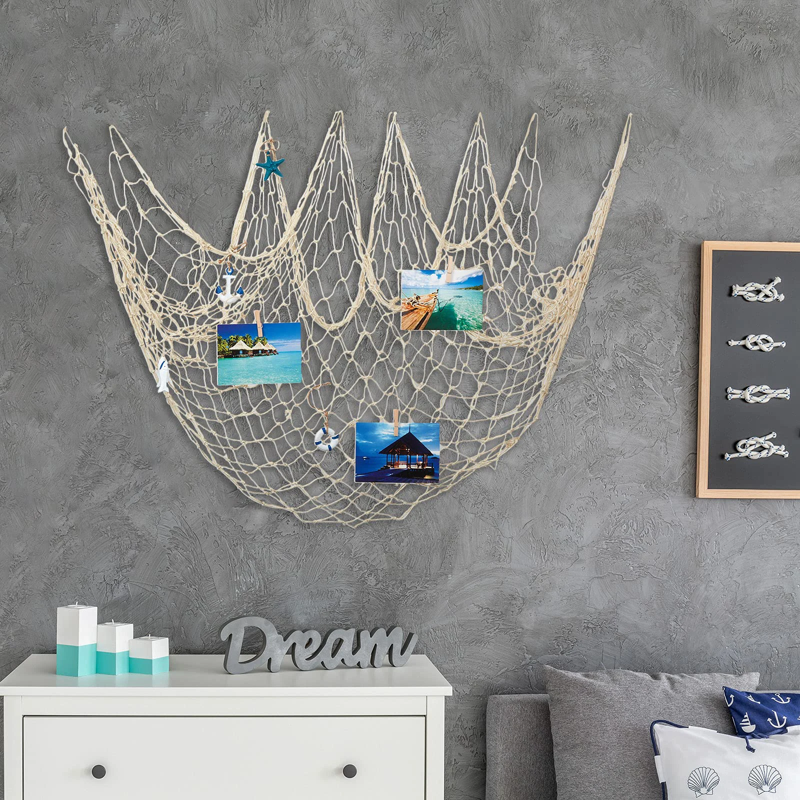 Resin Starfish Ornaments Fishing Net Wall Decoration 16pcs Nautical Fish Net Wall Decoration with Starfish Ornaments and Clips for Pirate Party Photographing Decor