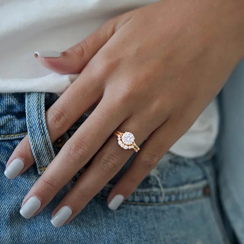 2CT Wedding Band for Women 14K Gold Plated CZ Promise Copper Ring Curved Round Shaped Bridal Ring Sets