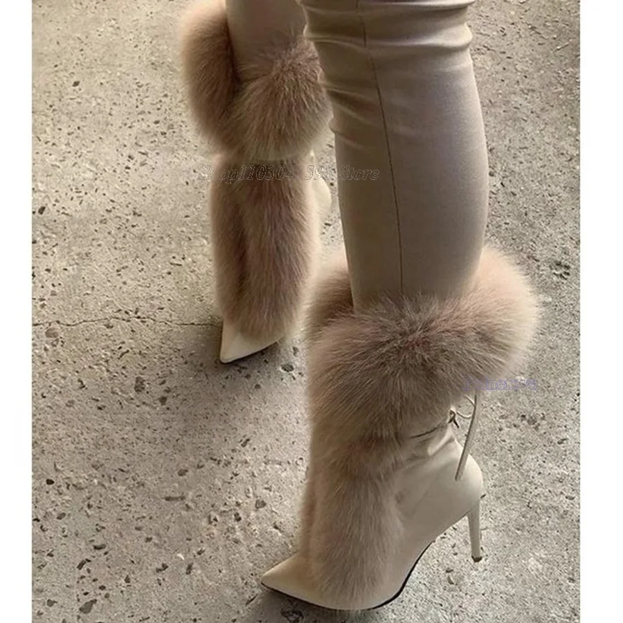 Winter Fox Fur Boots Pointed Toe Fine Heel Women Shoes Strap Design High Heel Shoes Party Boots 2023 New Zapatos Para Mujere