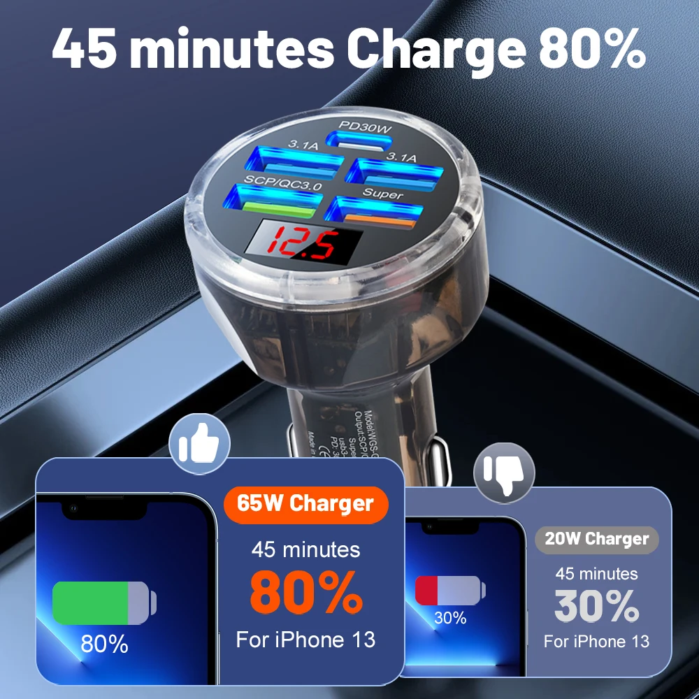 65W USB Car Charger with Digital Display PD Fast Charging 5 Ports Car Charger For Xiaomi iPhone 15 Samsung Quick Charge Adapter