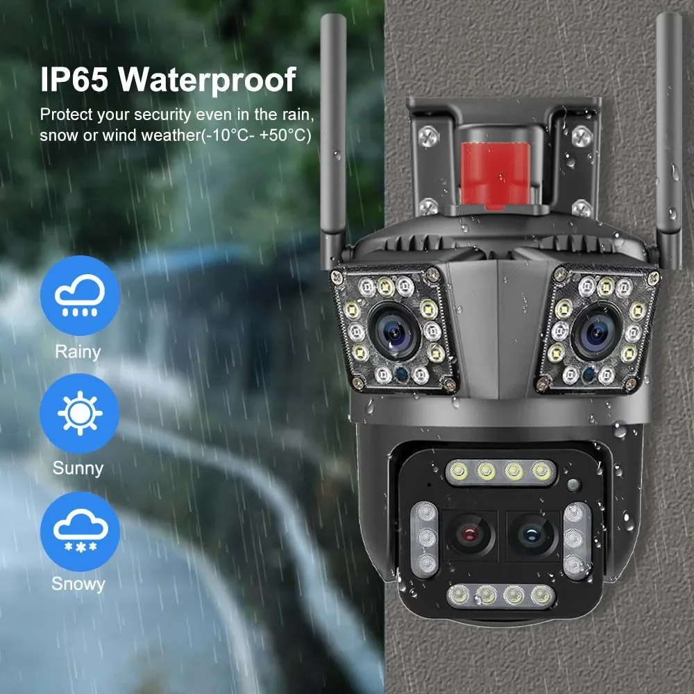 야외 무선 감시 카메라, 16MP 8K 와이파이 IP 카메라, 12X 줌, 4 렌즈 PTZ 보안 캠, 자동 추적 3 화면 비디오