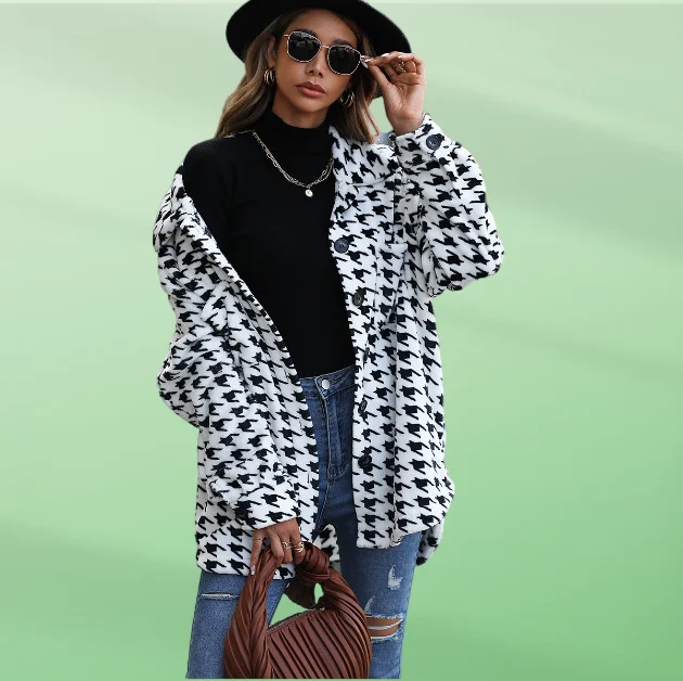 Autumn new casual plush women's long sleeved loose bird check mid length flannel suit collar jacket