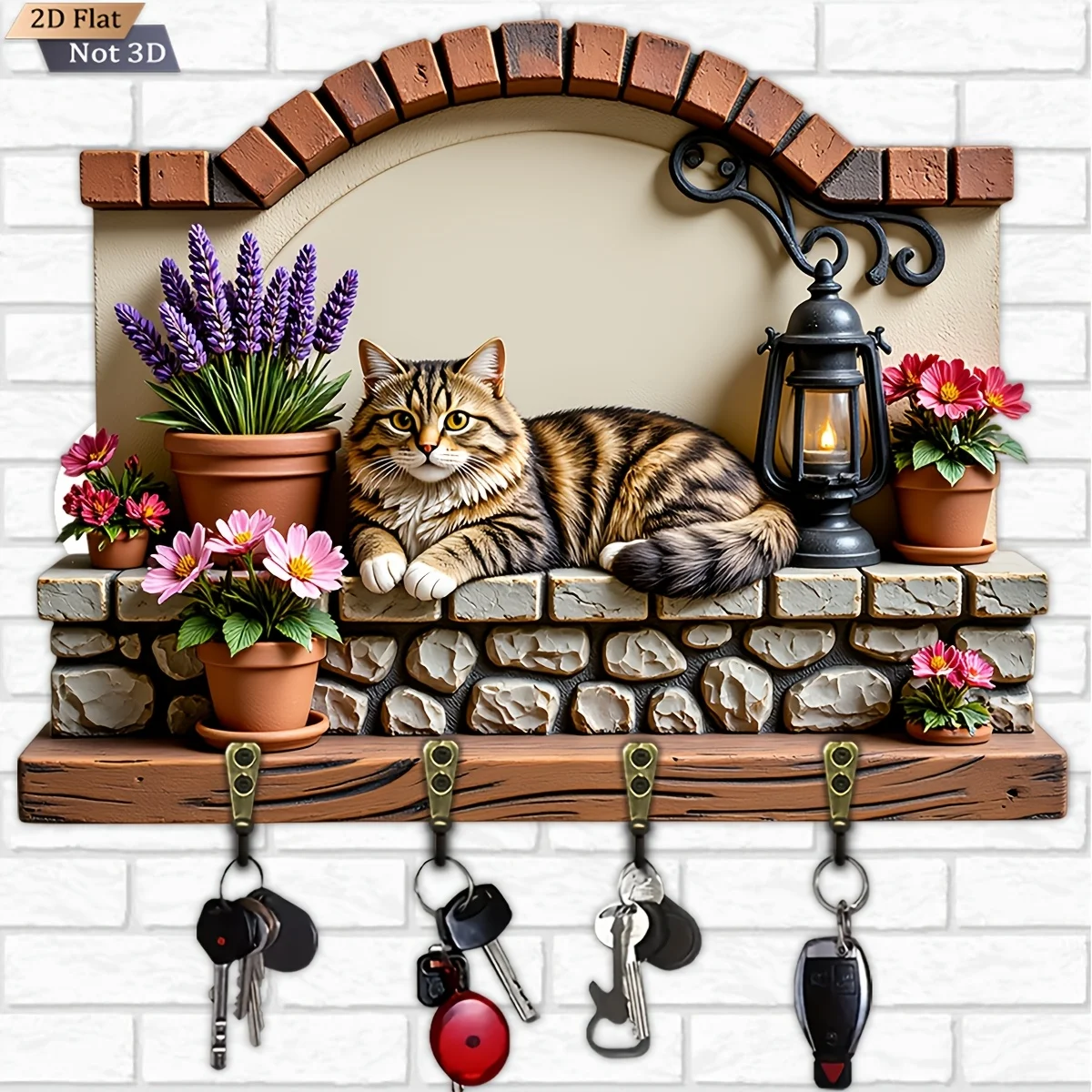 cat-floral-wooden-key-hook-with-4-metal-hooks-wall-decor-organizer
