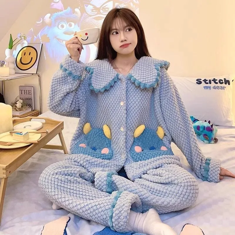 Panda Nightclothes Suit Women Autumn Winter Coral Fleece Thermal Pajamas Female Flannel Fleece-Lined Thickened Cartoon Homewear