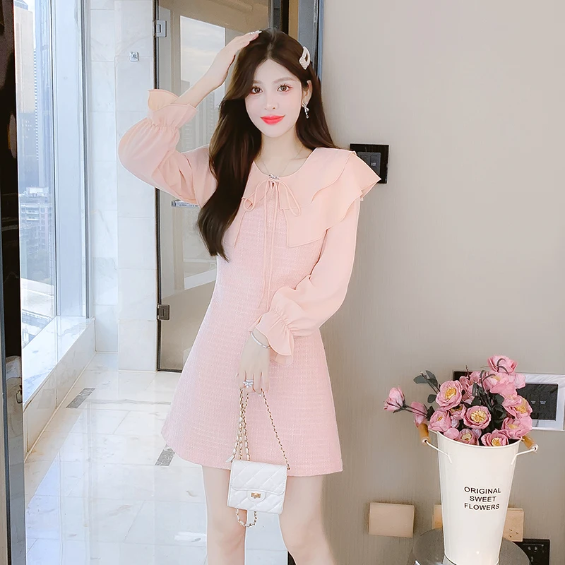 

Sweet Pink Tweed Dress Women's Elegant Luxury 2023 Autumn and Winter French Fashion Slim Ruffle Neck Dress OL Temperament Dress