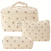 3Pcs Cotton Quilted Makeup Bag Coquette Makeup Bag Large Travel Cosmetic Bag Aesthetic Cute Kawaii Floral Makeup Bag Toiletry Ba 1