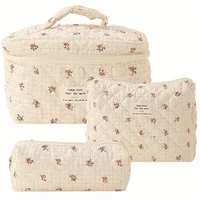 3Pcs Cotton Quilted Makeup Bag Coquette Makeup Bag Large Travel Cosmetic Bag Aesthetic Cute Kawaii Floral Makeup Bag Toiletry Ba 1