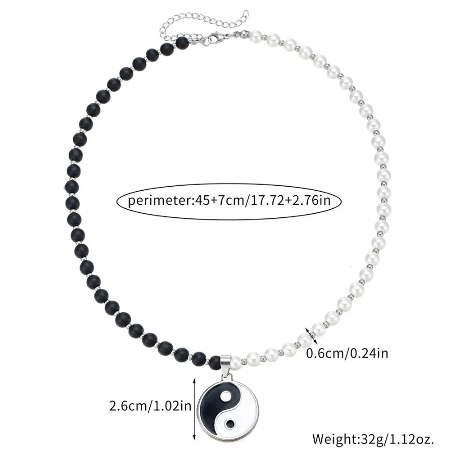 Men Black White Stone Tai Chi Pendant Necklace