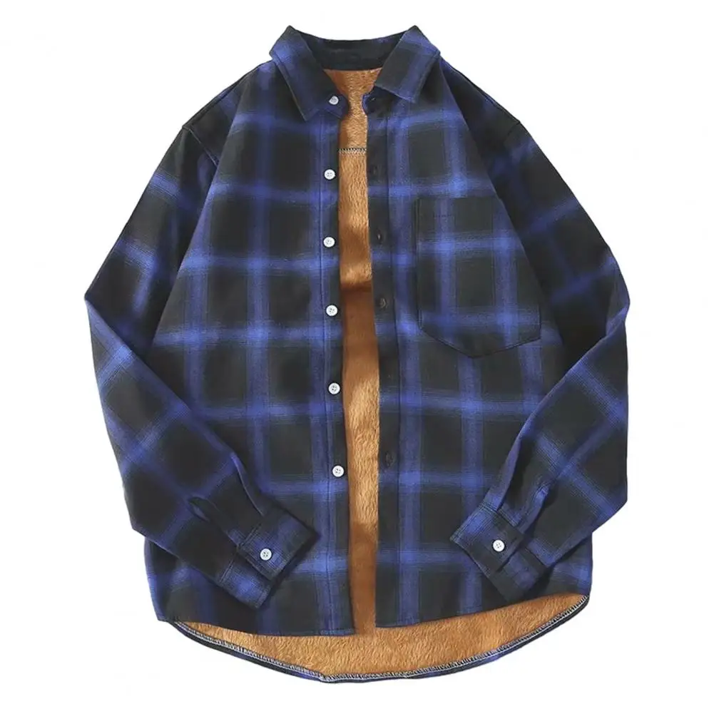 

Fall Winter Men Shirt Thick Plush Lapel Long Sleeve Single-breasted Plaid Print Warm Cardigan Color Buttons Preppy Style Men Top