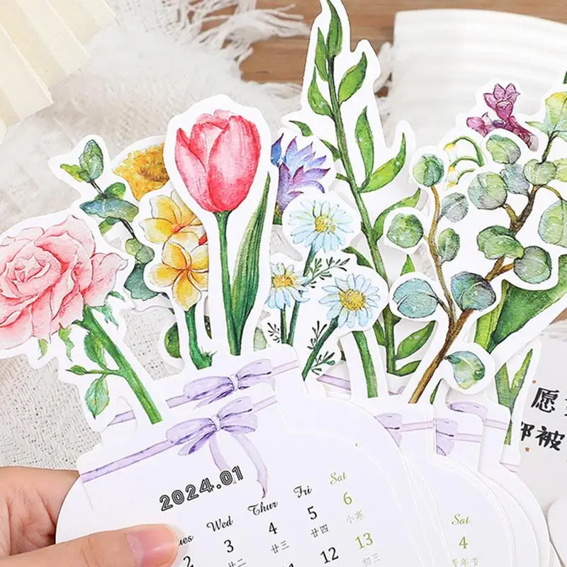 Bloomy Flowers Desk Calendar Creative Vase Shaped Calendar New Year Monthly Planner Home Office Desk Decor Gift