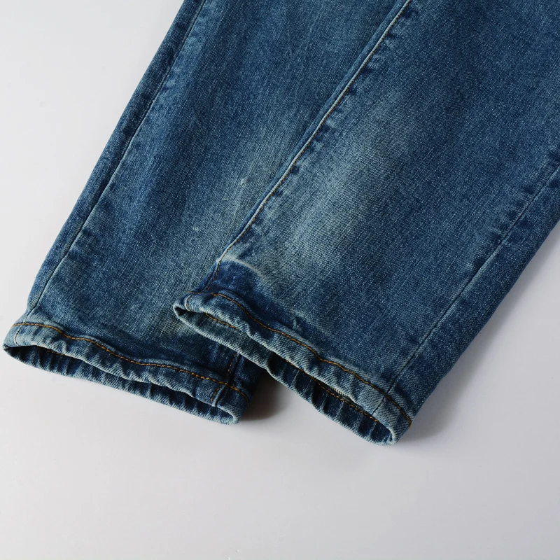Street Fashion Men Jeans Retro Washed Blue Stretch Skinny Ripped Jeans Men Yellow Leather Patched Designer Hip Hop Brand Pants 6
